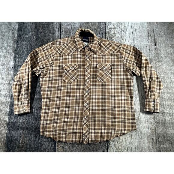 Vintage Wrangler Brown Tan Checkered Pearl Snap Shirt XXL - Picture 1 of 6